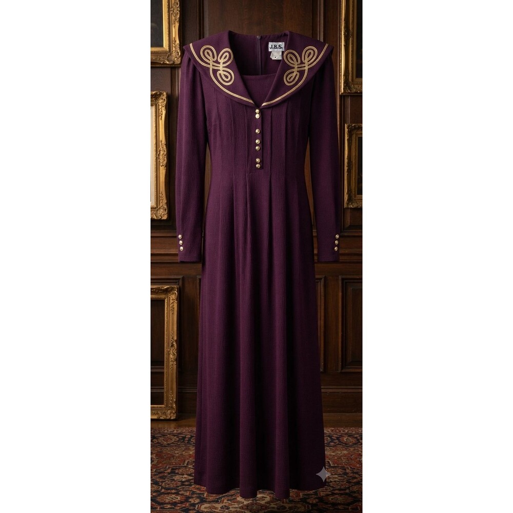 Vntg JBS Ltd Sailor Collar Maxi Dress 6 Wine Plum Soutache Embroidered 80s 90s